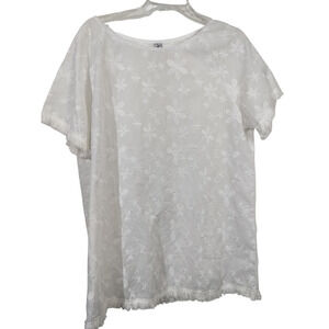 3260) Flycurvy Off White Floral Embroidery Fringe Short Sleeve Tunic Top Size XL